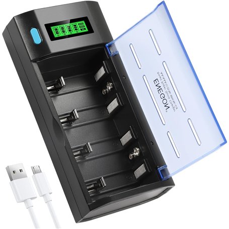 ENEGON Chargeur de Piles Universel – Chargeur Intelligent pour Piles Rechargeables AA/AAA/C/D/9V NiMH/NiCD – avec Écran LCD