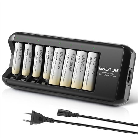ENEGON Chargeur de Piles (8 Fentes) avec 4 Piles Rechargeables AA 1100mAh & 4 Piles Rechargeables AAA 2800mAh
