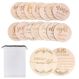 14 Pièces Ronds Panneau de Bienvenue en Bois Kit avec Cartes Etapes Bébé et Sac de Rangement