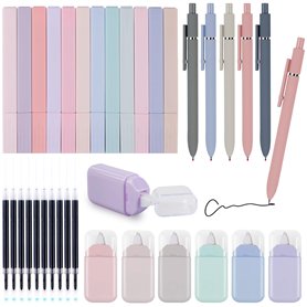 WIYETY Lot de 33 surligneurs pastel : 12 marqueurs esthétiques 5 stylos gel à encre noire avec 10 mines de rechange incluses et