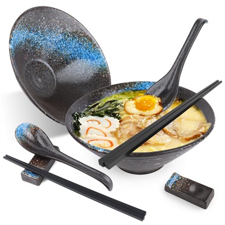 Lot de 2 Bols à Ramen en Céramique avec Cuillère Et Baguettes - Japonaise Aux Nouilles Ramen Bols pour Ramen