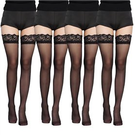 Meifiyu Lot de 4 Paires de Bas Autofixants Noirs pour Femme avec Dentelle