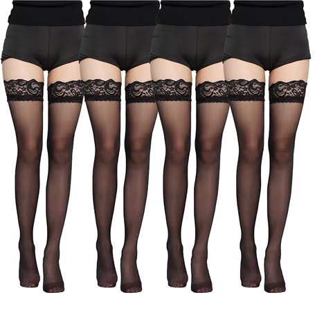 Meifiyu Lot de 4 Paires de Bas Autofixants Noirs pour Femme avec Dentelle