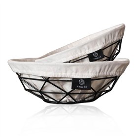 FRIHET Lot de 2 corbeilles à pain modernes 2 en 1 - Corbeille à fruits - Métal - Insert lavable en 100 % coton - Rondes - Noir -