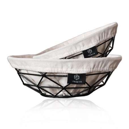 FRIHET Lot de 2 corbeilles à pain modernes 2 en 1 - Corbeille à fruits - Métal - Insert lavable en 100 % coton - Rondes - Noir -