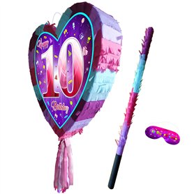Piñata 10e anniversaire avec bâton – Jeu de fête pour filles – Grand 41 cm x 38 cm
