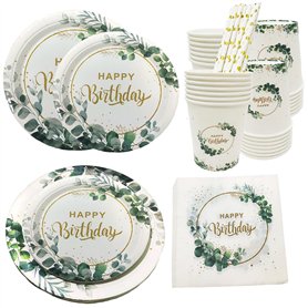 24 Invités Vaisselle de Fête Anniversaire Vert Sauge