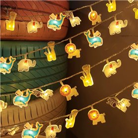 Guirlande lumineuse LED d'intérieur pour enfants - 3 m - 15 LED - Motif animaux - Avec minuterie à piles - Pour lit de maison