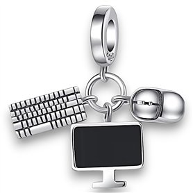 Breloque en argent 925 - Ensemble d'ordinateur - Clavier souris - Moniteur de bureau - Bureau à domicile - Ordinateur portable -