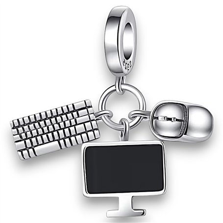 Breloque en argent 925 - Ensemble d'ordinateur - Clavier souris - Moniteur de bureau - Bureau à domicile - Ordinateur portable -