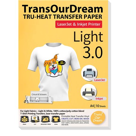 TransOurDream Tru-T TOD-03-10 Lot de 10 feuilles de papier de transfert thermique pour imprimante à jet d'encre et laser