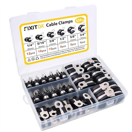 FIXITOK 52 Pièces Caoutchouc Collier Serrage P Clips Tuyau Pinces Acier Inoxydable Pinces Caoutchouc Coussin Colliers 6 Tailles