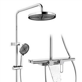 HOMELODY Système de douche avec robinetterie et étagère en verre chromé – Robinet de douche complet avec douchette à main
