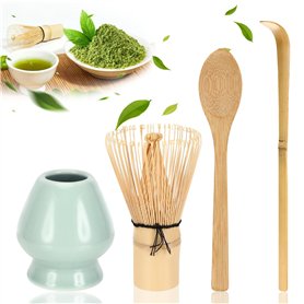 4 Pièces Matcha Kit Fouet Matcha Bambou Matcha Japonais Kit 2 Cuillere Matcha Portefouet en Céramique Kit Matcha Complet Pour La