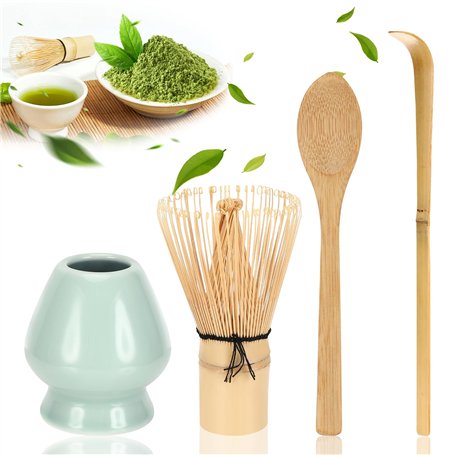 4 Pièces Matcha Kit Fouet Matcha Bambou Matcha Japonais Kit 2 Cuillere Matcha Portefouet en Céramique Kit Matcha Complet Pour La