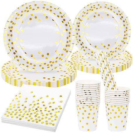 80 Pièces Blanc et Or Vaisselle de Fête