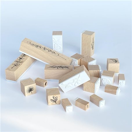 Zzcy 22 Pièces Tampon Bois Fleur Plante Jeu de Tampons Bois Tampon en Boîte de Plante Naturelle Fleur pour Scrapbooking，Bricolag