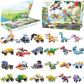 Dazhtu Calendrier de l'avent 2024 Enfant 24 pièces Blocs de Construction découverte Dinosaures et véhicules Jouets