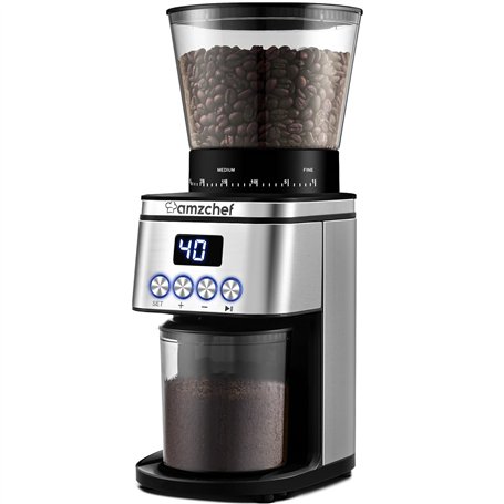 AMZCHEF Moulin à Café Electrique 160 W | 30 Réglages de mouture grossière à fine | 1-12 Tasses ou jusqu'à 40 secondes | Capacité