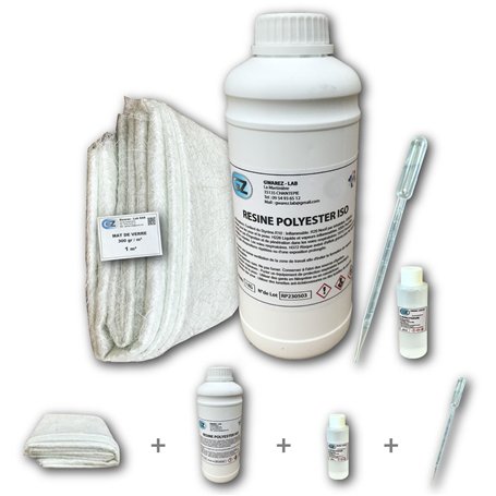 Résine Polyester iso 1 Kg + 1 m² tissu de verre 300 gr/m² + Catalyseur + Pipette de dosage
