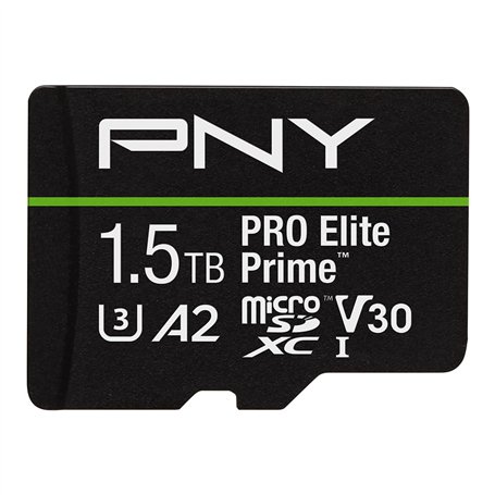 PNY Carte microSDXC 1.5TB Pro Elite Prime Class 10 U3 V30 A2 + Adaptateur SD - jusqu'à 200MB/s