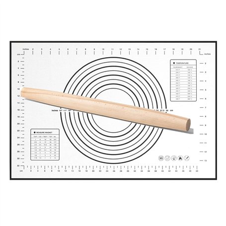 Rouleau à pâtisserie en bois Rouleax a pate 30 * 3cm fournie Tapis 40 * 60cm Anti-adhérent Kit de Patisserie Accessoire de Cuiss