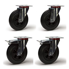 Lot roulettes pivotantes et pivotantes à frein caoutchouc noir 125 mm - 300 kg