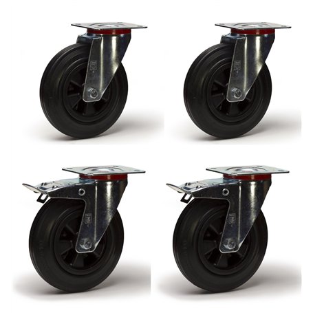 Lot roulettes pivotantes et pivotantes à frein caoutchouc noir 125 mm - 300 kg