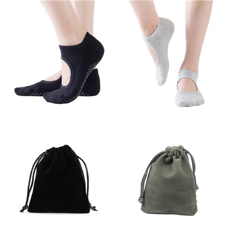 2 paires de chaussettes de yoga antidérapantes avec 2 sacs à cordon