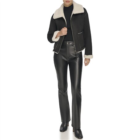 DKNY Short Zip Front Faux Shearling Coat Peau lainée