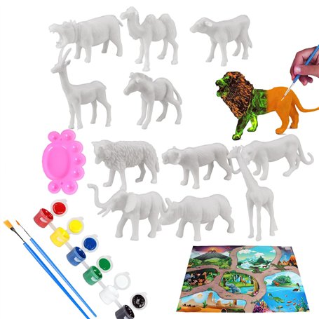 Onlvmyur 12PCS Kit de Peinture Enfant 3D Créatifs Figurines d'animaux Sauvages Jouet d’Art avec 6 Peintures