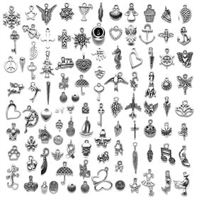 100 Pièces Breloques Argentées Charmes de Pendentifs