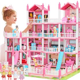 Maisons de Poupées Rose pour Filles Maison de Jeux de 4 Étages et 15 Chambres avec 4 Poupées et Accessoires pour Meubles et Lumi