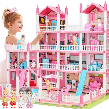 Maisons de Poupées Rose pour Filles Maison de Jeux de 4 Étages et 15 Chambres avec 4 Poupées et Accessoires pour Meubles et Lumi