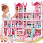 Maisons de Poupées Rose pour Filles Maison de Jeux de 4 Étages et 15 Chambres avec 4 Poupées et Accessoires pour Meubles et Lumi