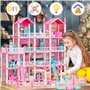 Maisons de Poupées Rose pour Filles Maison de Jeux de 4 Étages et 15 Chambres avec 4 Poupées et Accessoires pour Meubles et Lumi