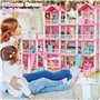 Maisons de Poupées Rose pour Filles Maison de Jeux de 4 Étages et 15 Chambres avec 4 Poupées et Accessoires pour Meubles et Lumi