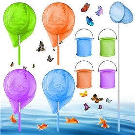 Lot de 4 épuisettes télescopiques pour enfants - Avec 4 seaux pliables - Filet papillon - Épuisette télescopique - Idéal pour at