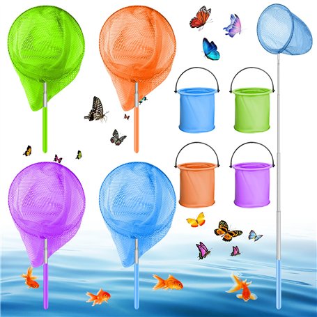 Lot de 4 épuisettes télescopiques pour enfants - Avec 4 seaux pliables - Filet papillon - Épuisette télescopique - Idéal pour at