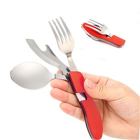 Senven 4 en 1 vaisselle de camping matériel de camping mis en acier inoxydable fourchette cuillère ensemble ouvre-bouteille camp