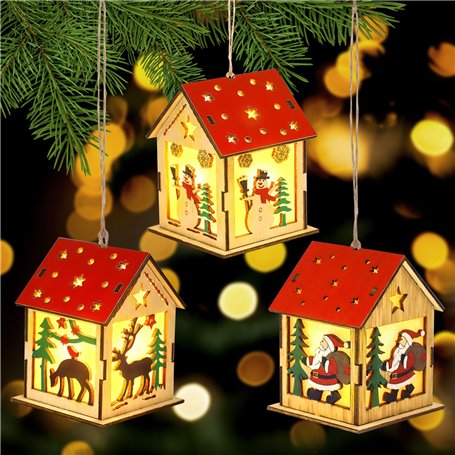 Sosayet Décoration en Bois de Sapin de Noël - 3 Pièces de Maison de Noel Lumineuse avec Ficelle - Village de Noel Lumineux - Dec