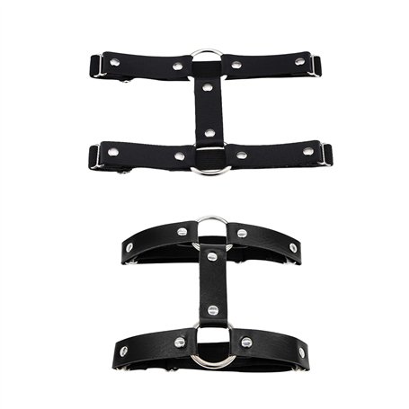 2Pcs Harnais de Jambe en Cuir élastique Double Rangée Jarretière Punk Harnais Porte Jarretelles Anneau pour Femme Fille Noir