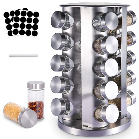 SaiXuan Présentoir à Épices 20 Pots Verre - Étagère à Épices en Acier Inoxydable Carrousel