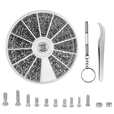 Coffret de 1000 pcs Assortiment Vis écrous Kit de Réparation de Lunettes Petites Vis et écrous avec Tournevis et Pince à épiler