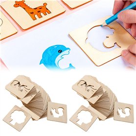 WANDGU Pochoirs à dessin pour enfants : 60 pochoirs en bois de 8 x 8 cm - Pochoirs à dessin en bois - Pochoirs à dessin pour enf