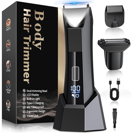 KUAIVO Tondeuse Corps et Intime Homme 2 en 1 IPX7 Étanche avec Peigne/Lumière LED