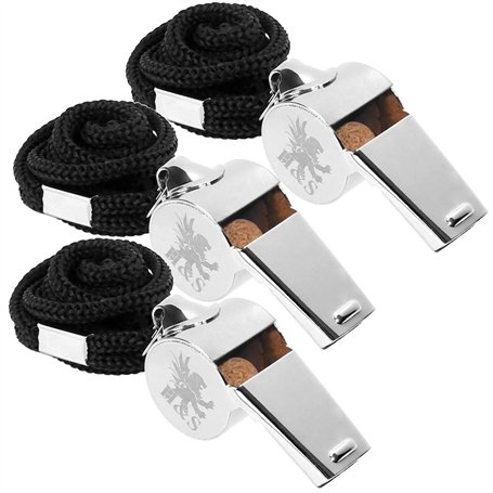 H&S Sifflet en Acier Inoxydable avec Cordon Noir - Lot de 3 - Sifflet Puissant pour Arbitre de Football ou Handball - Sifflets p