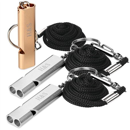 H&S Sifflet de Survie Fort pour Camping - Lot de 3 - Sifflets de Securité en Aluminium pour la Randonnée avec Lanière et Chaîne