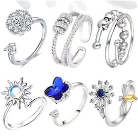 6 Pcs Fidget Bague pour Femmes Réglable Anneau Ouvert Ensemble Spinner Anneaux Bague Argent Zircone Fleur éToile Lune Perle Soul