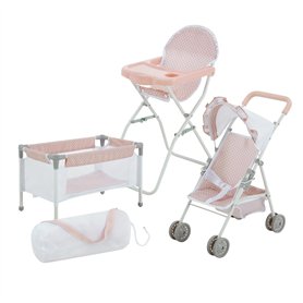 Olivia's Little World Station de Nurserie 3pcs Lit Bebe Chaise Haute et Poussette Rose Gris